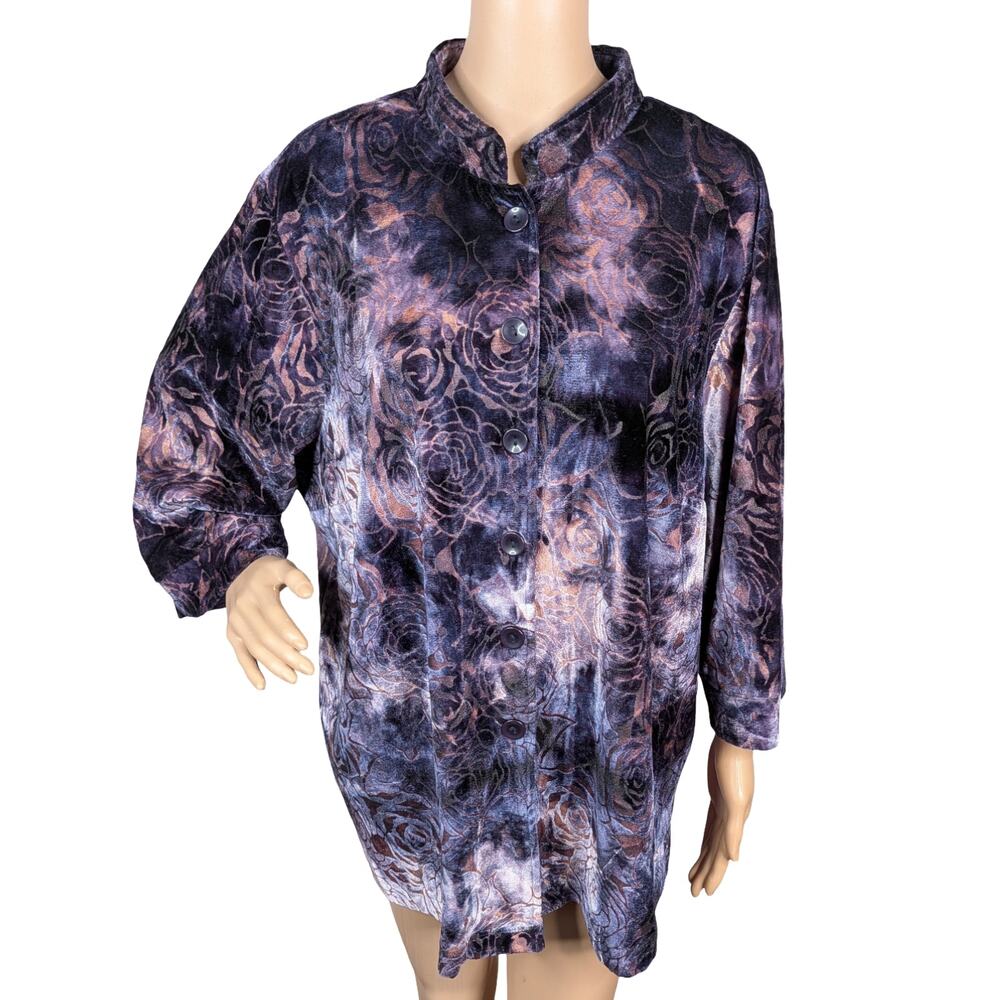 Vintage Y2K Whimsigoth Velvet Burnout Rose Top Purple Tie Dye Mandarin Shirt 2X